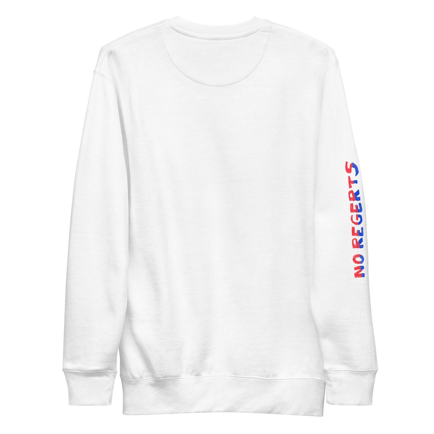Back view of the No Regerts Printed Sleeve - Car Blast Unisex Premium Longsleeve Crewneck Sweatshirt - White. The back part s all blank and it's visible the right sleeve printing saying "No regerts"
