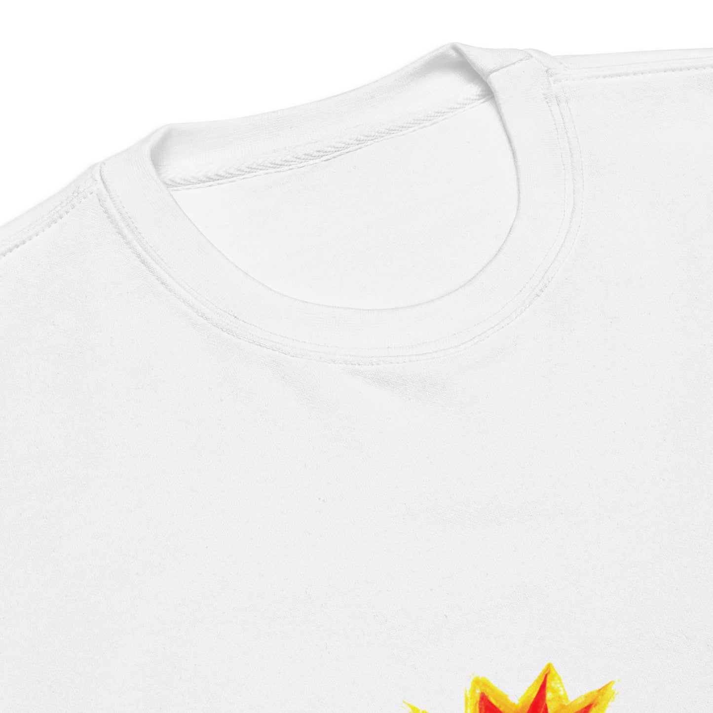Collar detail of the "No Regerts" Printed Sleeve - Car Blast Unisex Premium Longsleeve Crewneck Sweatshirt in White - Chevy, Chevrolet Corvette Exploding Graphic