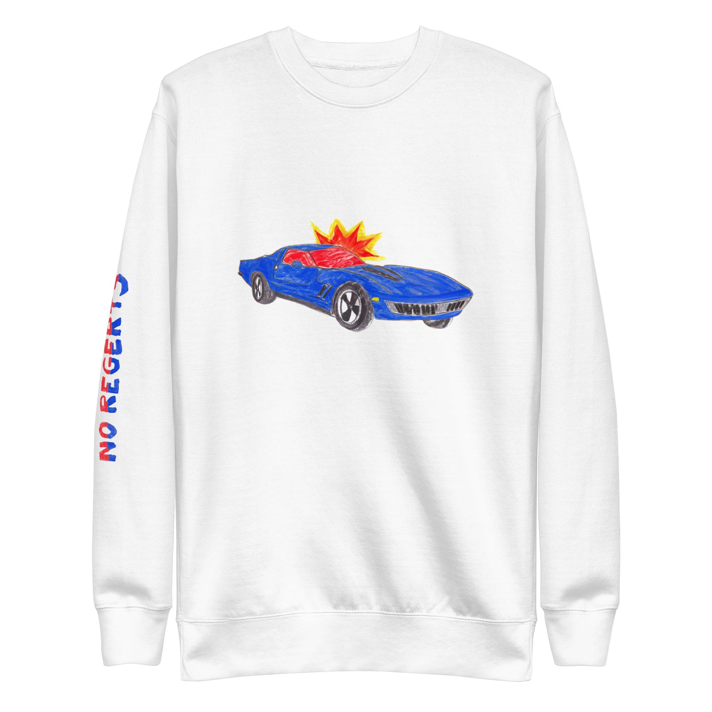 Front view of the No Regerts Printed Sleeve - Car Blast Unisex Premium Longsleeve Crewneck Sweatshirt in White - Chevy, Chevrolet Corvette Exploding Graphic
