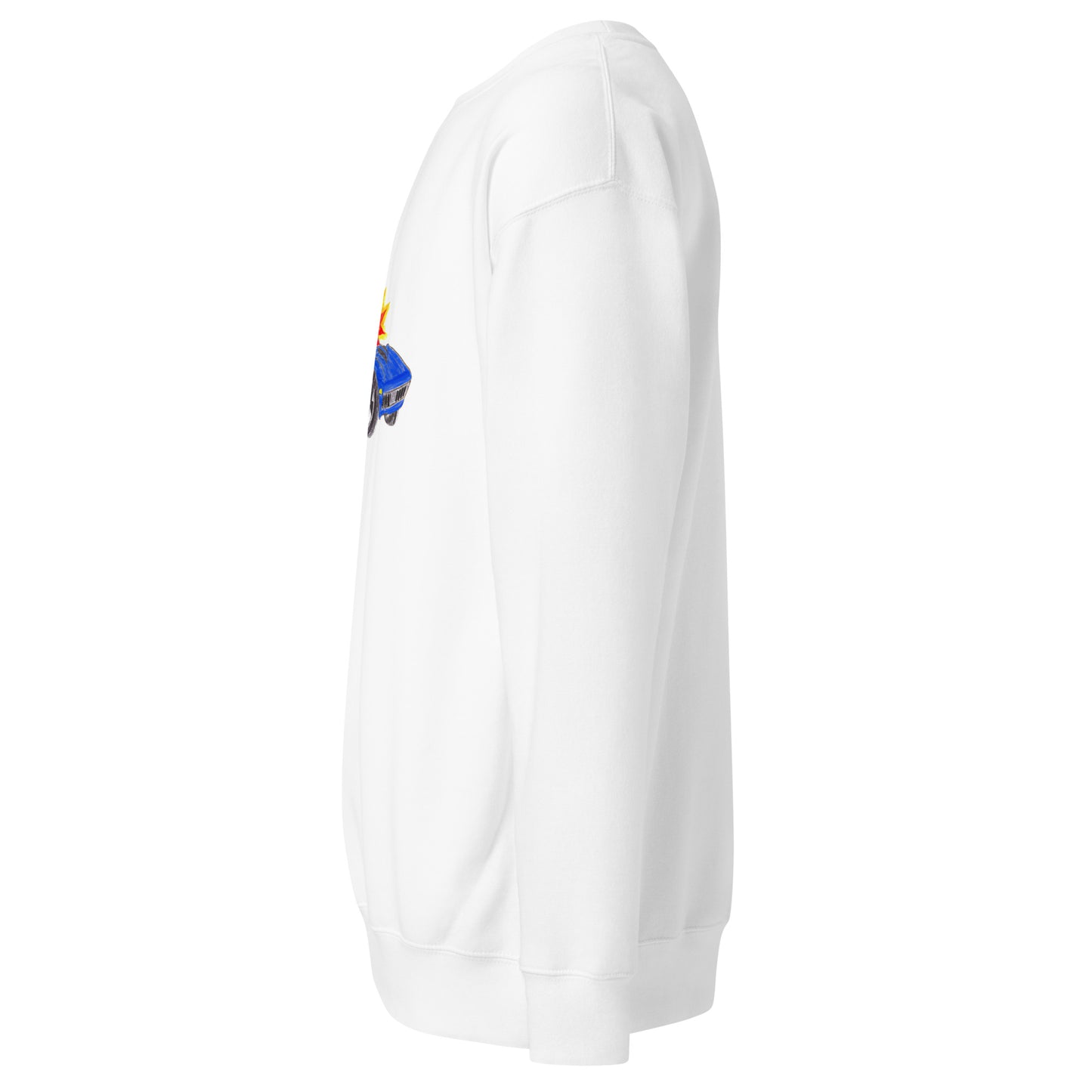 Left side of the "No Regerts" Printed Sleeve - Car Blast Unisex Premium Longsleeve Crewneck Sweatshirt in White - Chevy, Chevrolet Corvette Exploding Graphic