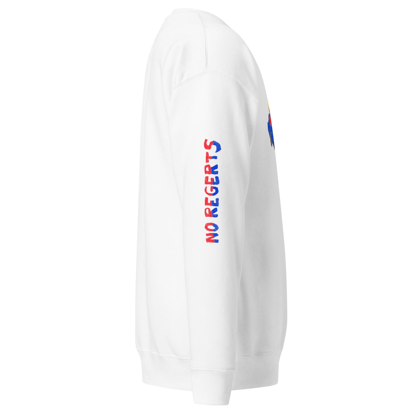 Right side of the "No Regerts" Printed Sleeve - Car Blast Unisex Premium Longsleeve Crewneck Sweatshirt - White - Chevy, Chevrolet Corvette Exploding Graphic