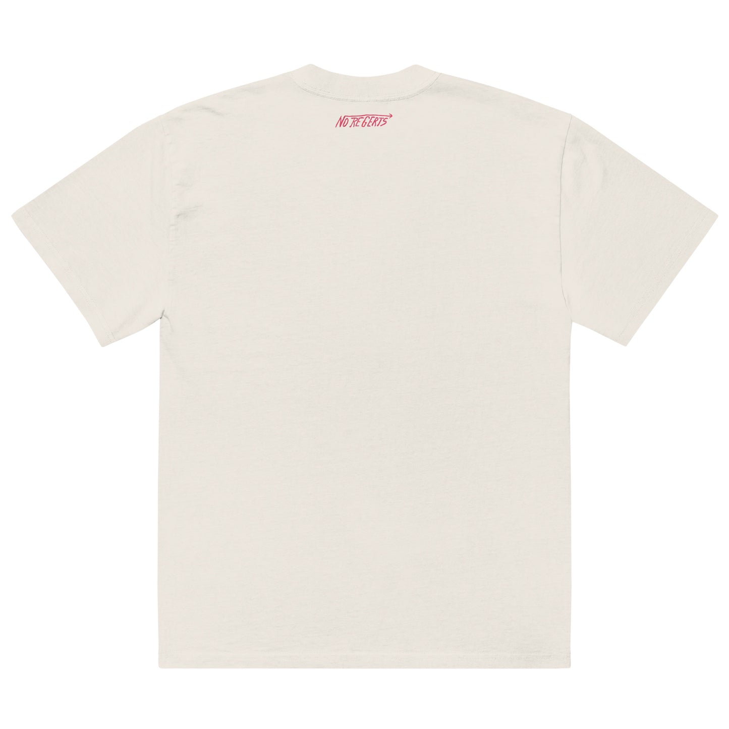 Back View of the Oversize fit unisex t-shirt in Bone Color - tag-style writing saying "No Regerts" near the neck collar