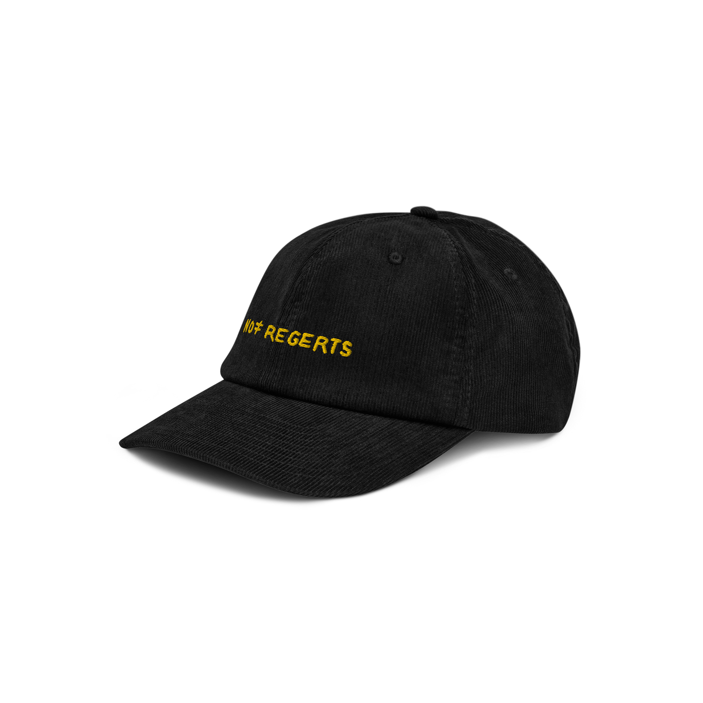 Left front view of the Black Corduroy Hat with "No Regerts" embroidered in yellow on the front