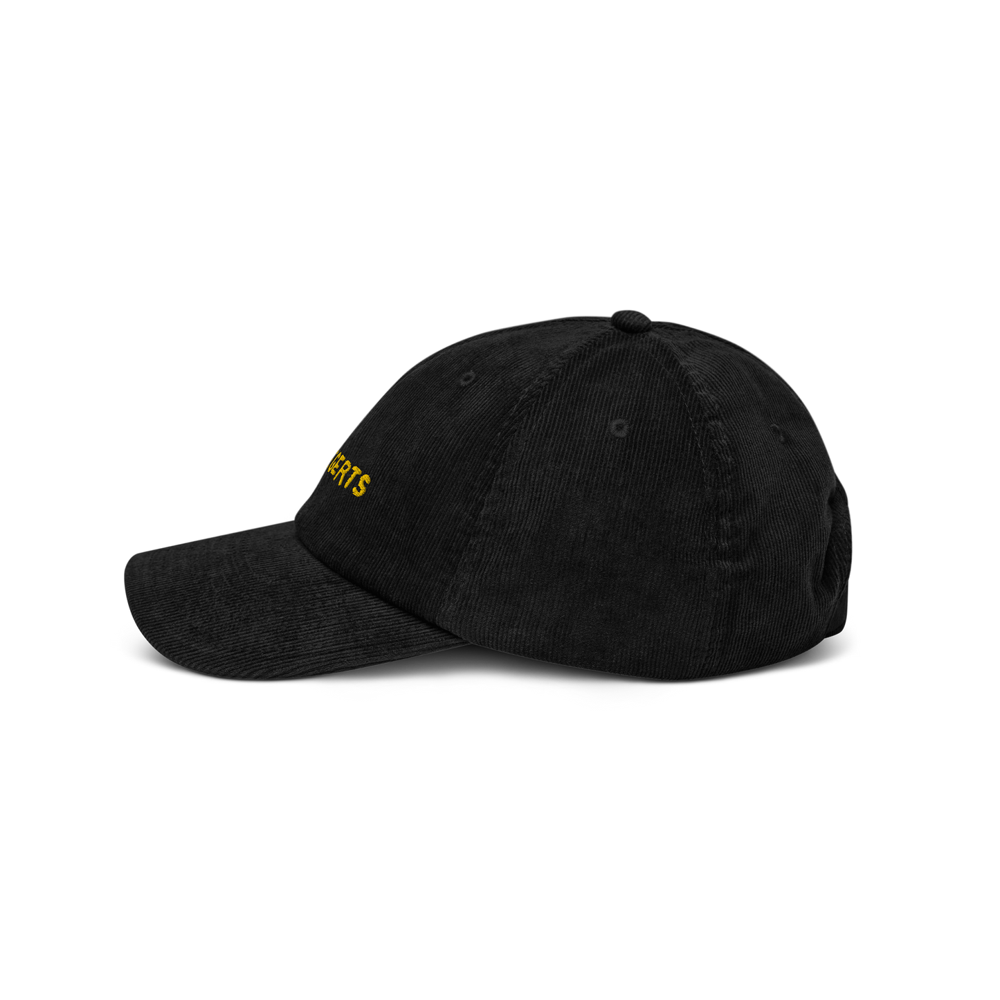 Left side view of the Black Corduroy Hat with "No Regerts" embroidered in yellow on the front