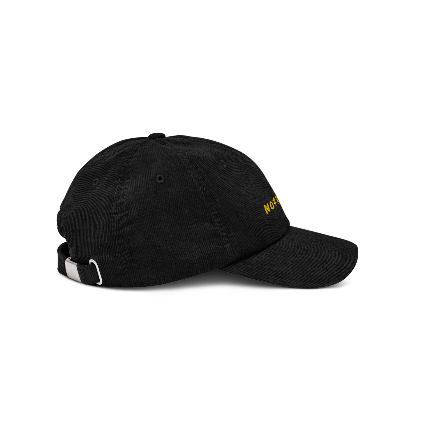 Right side view of the Black Corduroy Hat with "No Regerts" embroidered in yellow on the front