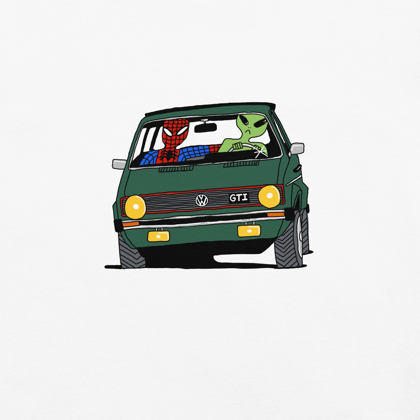 Print detail of the Unisex Ring-Spun Cotton Crewneck Heavyweight T-Shirt in white, depicting Spiderman and a green alien on a road trip in a vintage green Volkswagen Golf