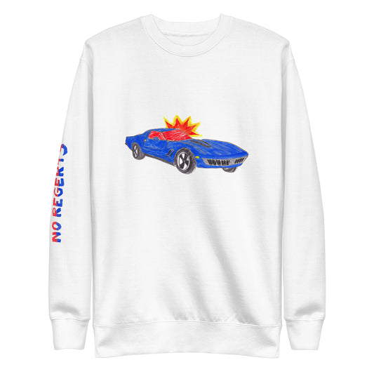 Front view of the No Regerts Printed Sleeve - Car Blast Unisex Premium Longsleeve Crewneck Sweatshirt in White - Chevy, Chevrolet Corvette Exploding Graphic