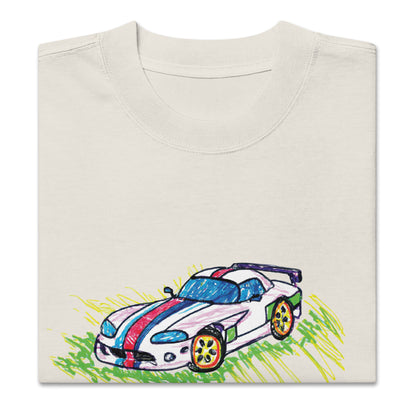 Front view Detail of the Oversize fit unisex t-shirt in Bone Color - with naive style Dodge Viper bootleg print in childlike drawing and a tag-style writing saying No Regerts