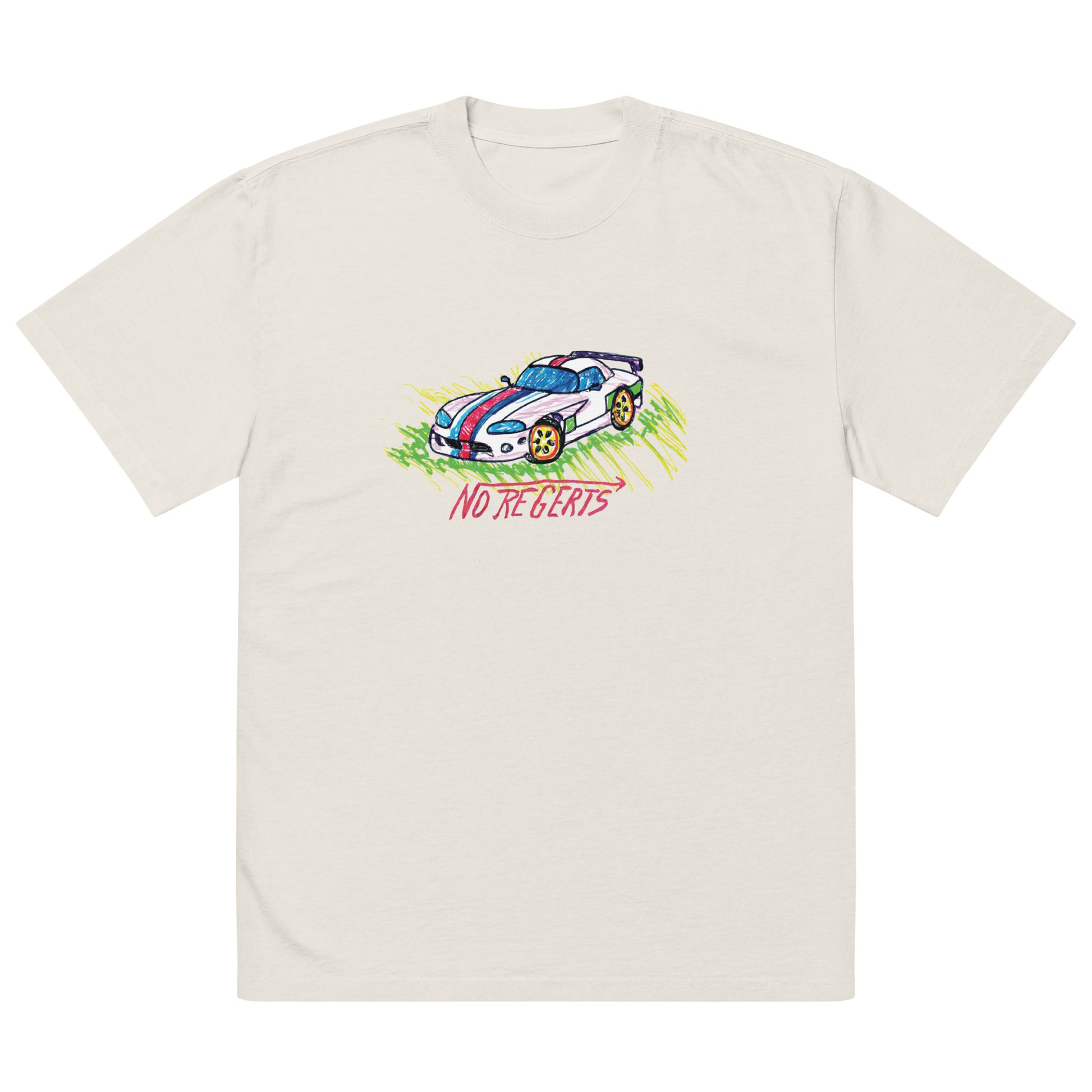 Front view of the Oversize fit unisex t-shirt in Bone Color - with naive crayon style Dodge Viper bootleg print in childlike drawing and a tag-style writing saying "No Regerts"