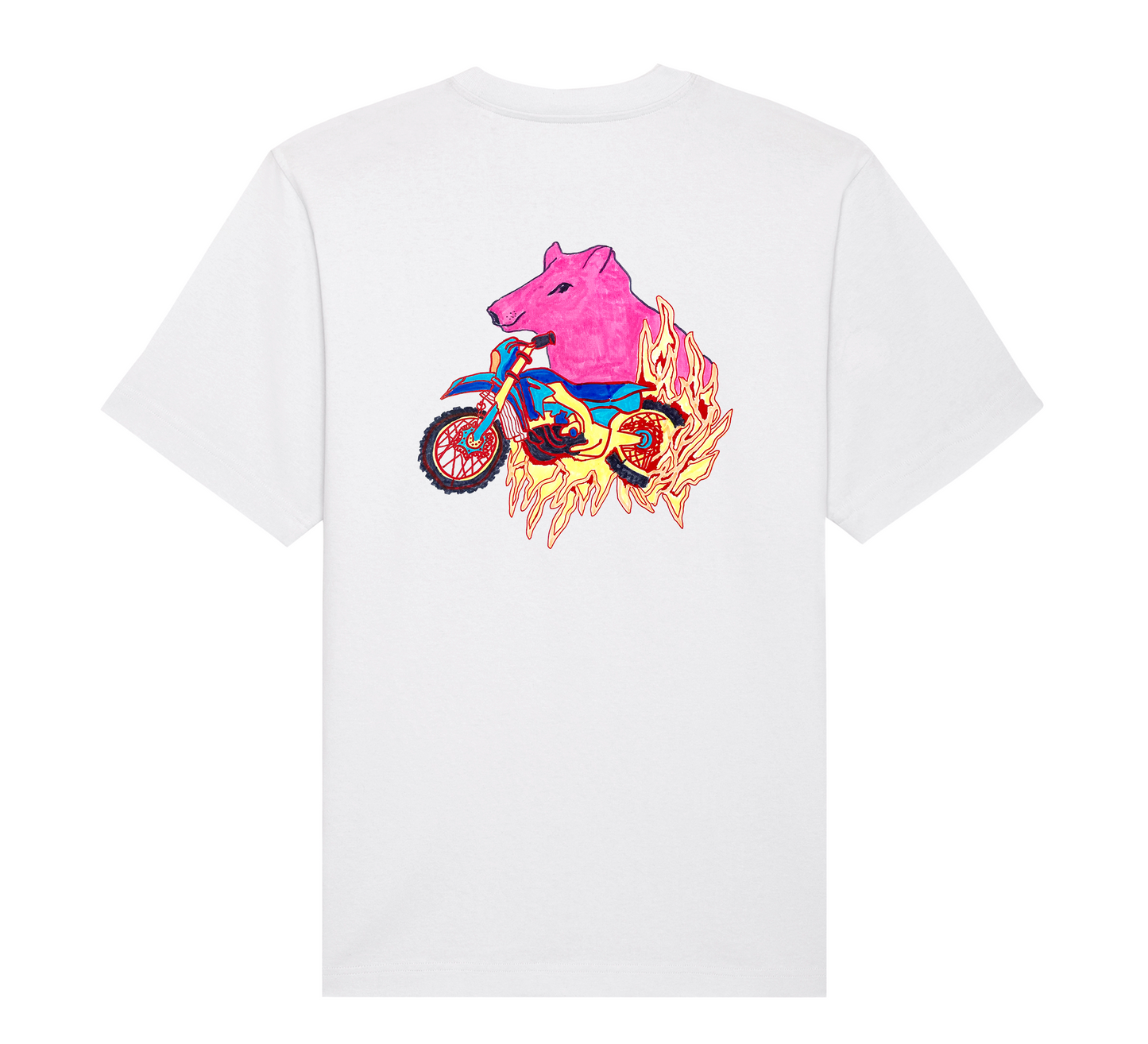 Back view of a white relaxed-fit organic cotton T-shirt featuring a bold, hand-drawn design by Fayola. The artwork depicts a surreal fusion of a vibrant pink rodent atop a flaming motorbike, with dynamic flames trailing behind.