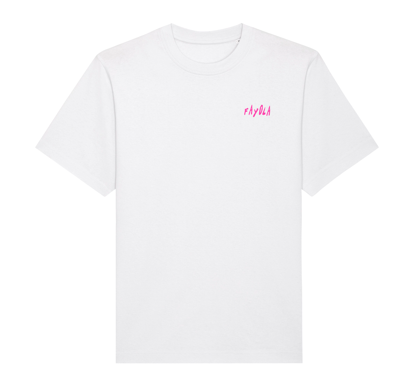Front of a white relaxed fit t-shirt with a left chest print saying the artist name "Fayola" in pink text