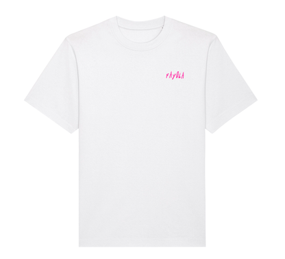 Front of a white relaxed fit t-shirt with a left chest print saying the artist name "Fayola" in pink text