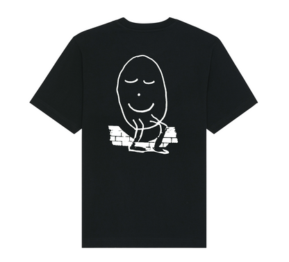 Black t-shirt with a white graphic design on a white background