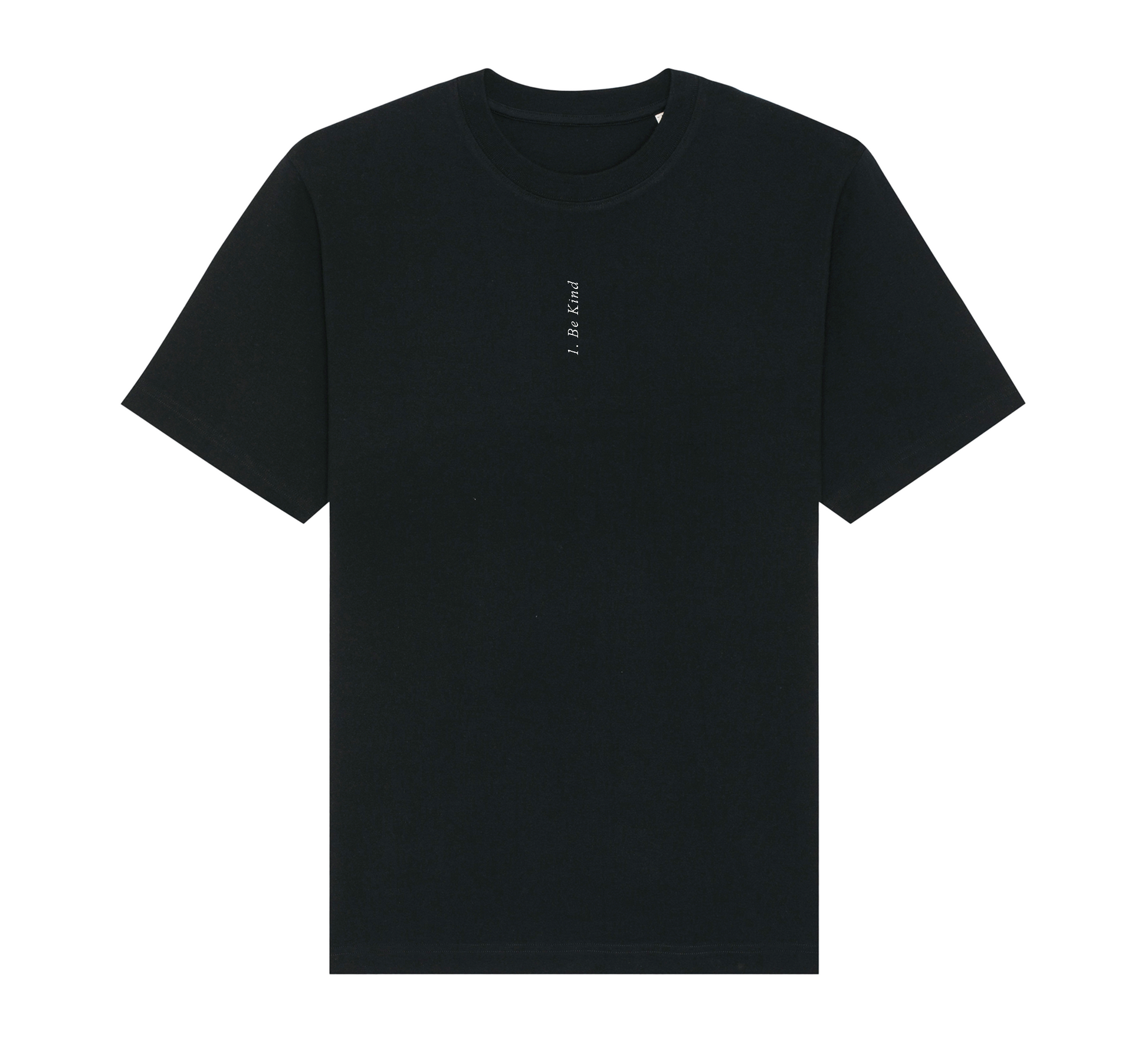 Black t-shirt with a small white logo on a white background
