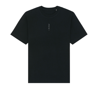 Black t-shirt with a small white logo on a white background