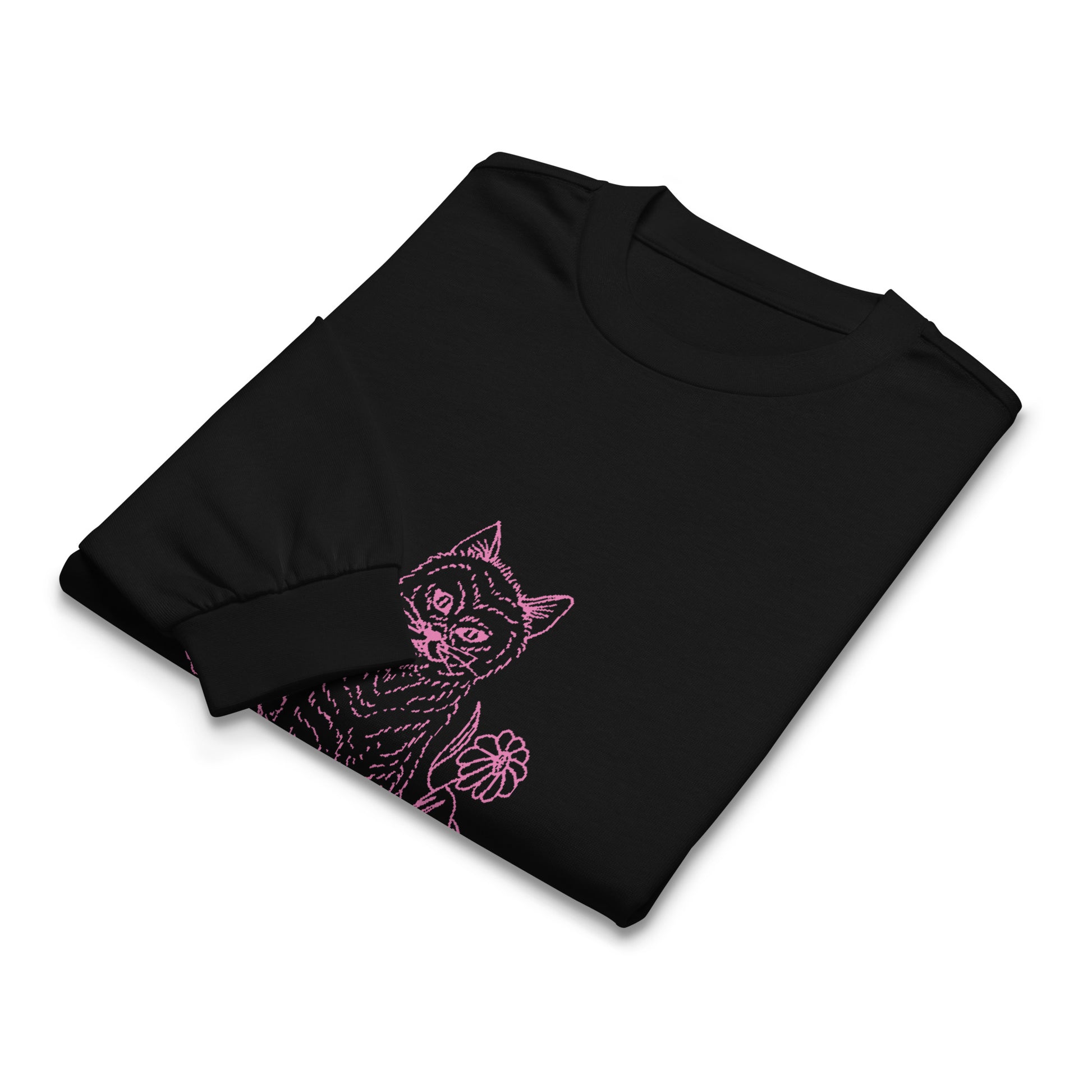 Folded view of the Netcopia's "You Sarcastic Little Fuck" Unisex Premium Heavyweight Long Sleeve Cotton Crewneck T-Shirt in black, depicting a evil faced cat surrounded by flowers on the chest in pink