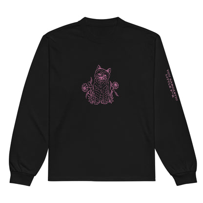 Front view of the Netcopia's "You Sarcastic Little Fuck" Unisex Premium Heavyweight Long Sleeve Cotton Crewneck T-Shirt in Black, depicting a evil faced cat surrounded by flowers on the chest in pink, and rough lettering printed on the left sleeve, also in pink