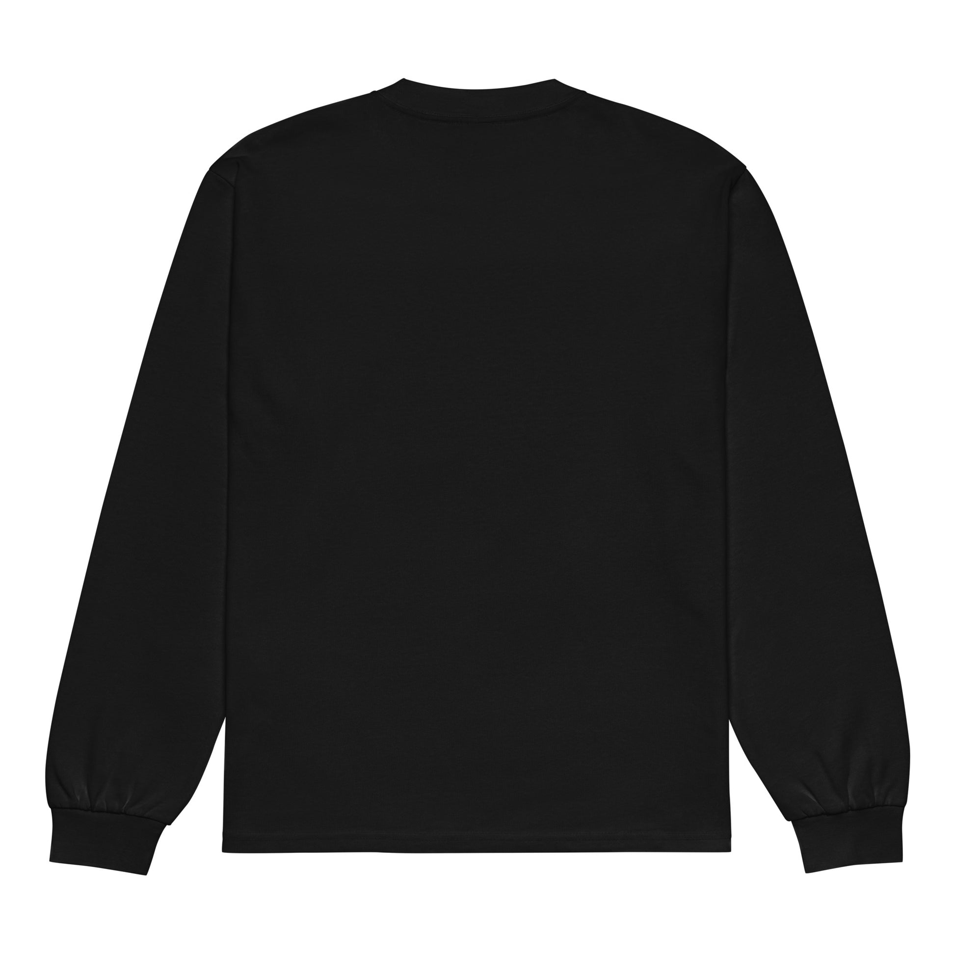 Back view of the Netcopia's "You Sarcastic Little Fuck" Unisex Premium Heavyweight Long Sleeve Cotton Crewneck T-Shirt in Black, blank.