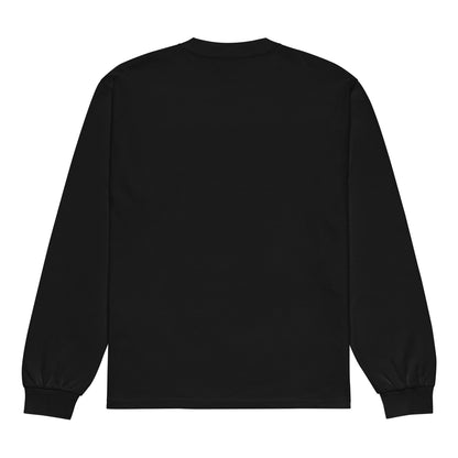 Back view of the Netcopia's "You Sarcastic Little Fuck" Unisex Premium Heavyweight Long Sleeve Cotton Crewneck T-Shirt in Black, blank.