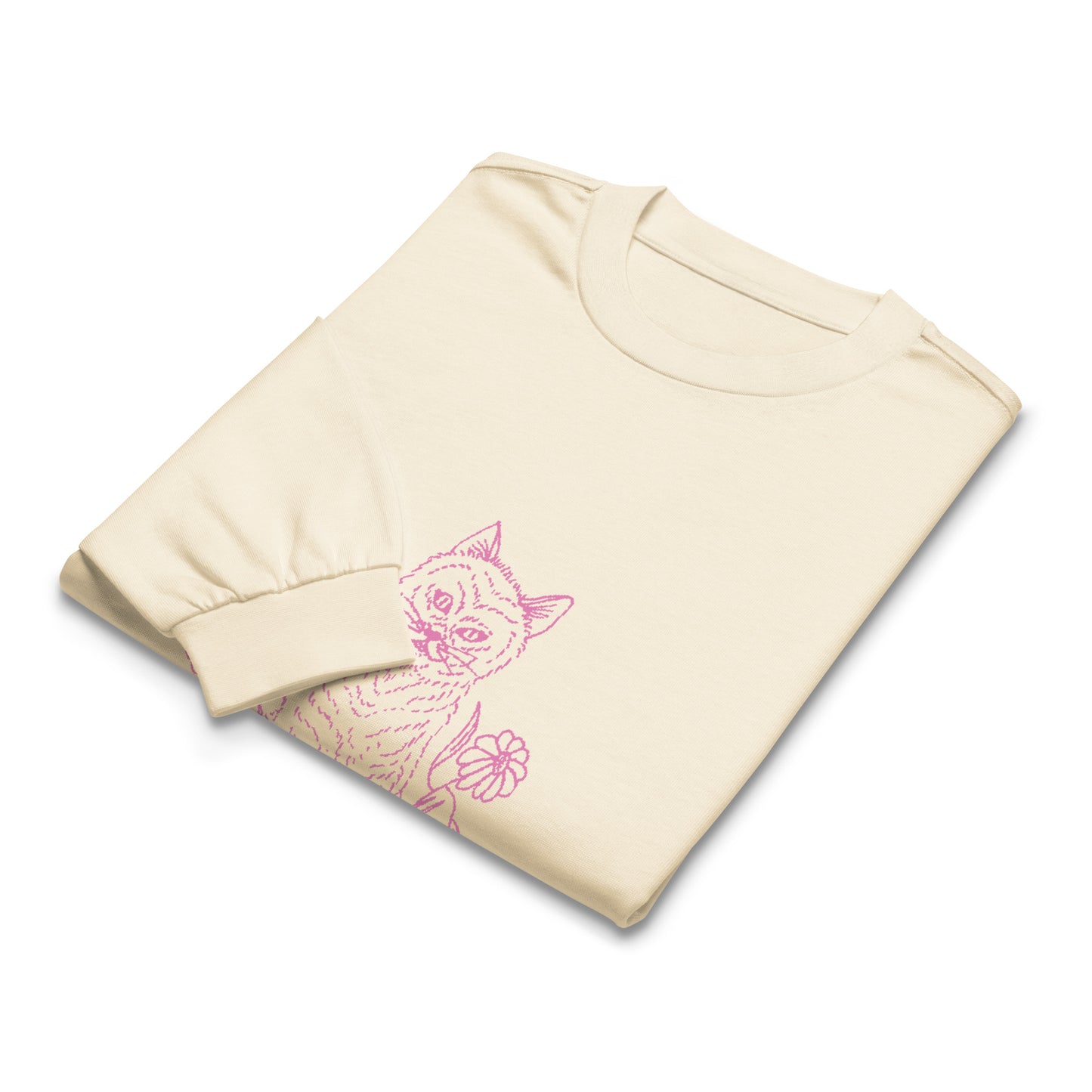 Folded view of the Netcopia's "You Sarcastic Little Fuck" Unisex Premium Heavyweight Long Sleeve Cotton Crewneck T-Shirt in Ecru, depicting a evil faced cat surrounded by flowers on the chest in pink