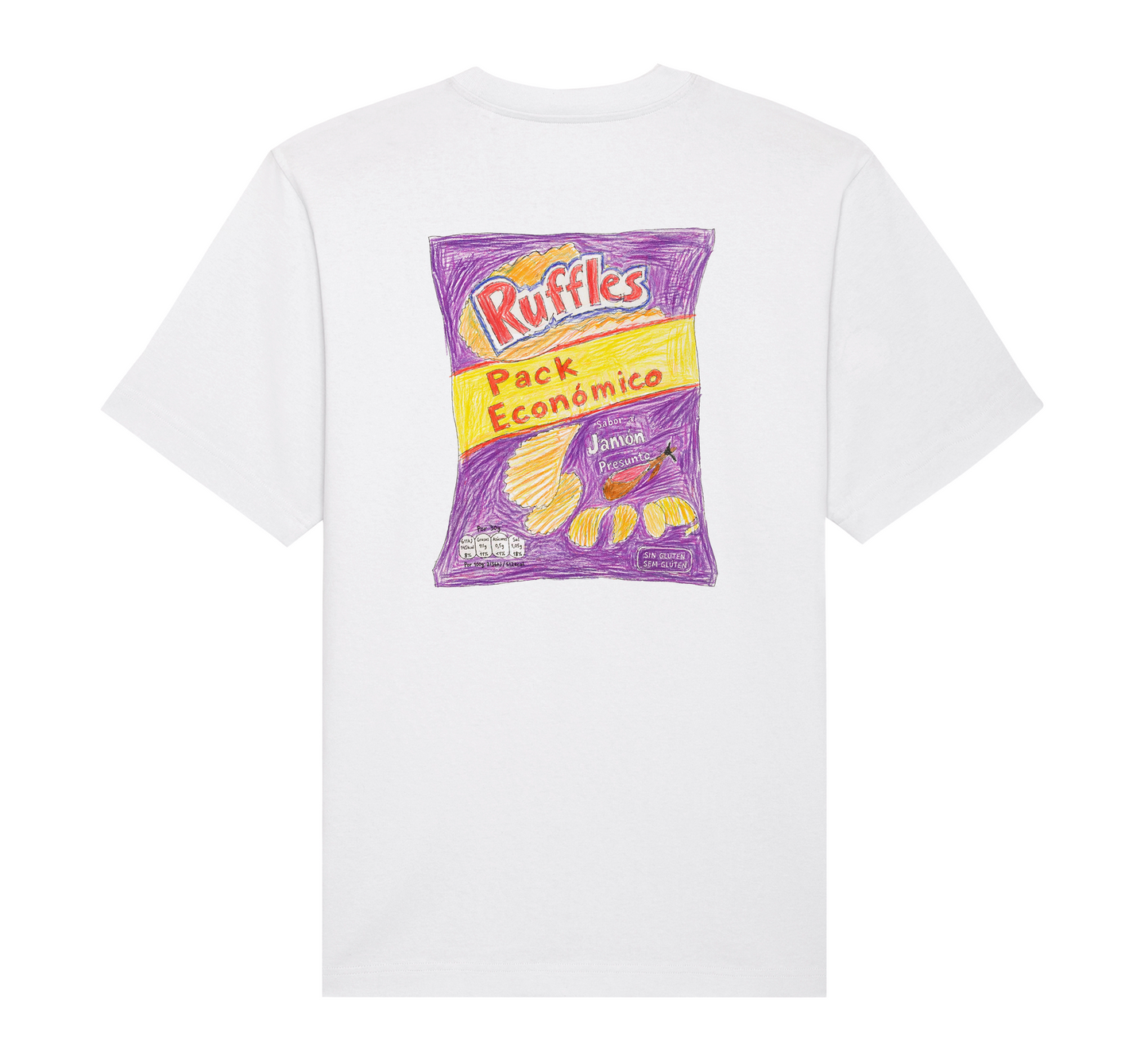 A white short-sleeve t-shirt with a graphic print of a purple Ruffles snack bag on the back, displayed against a solid white background.