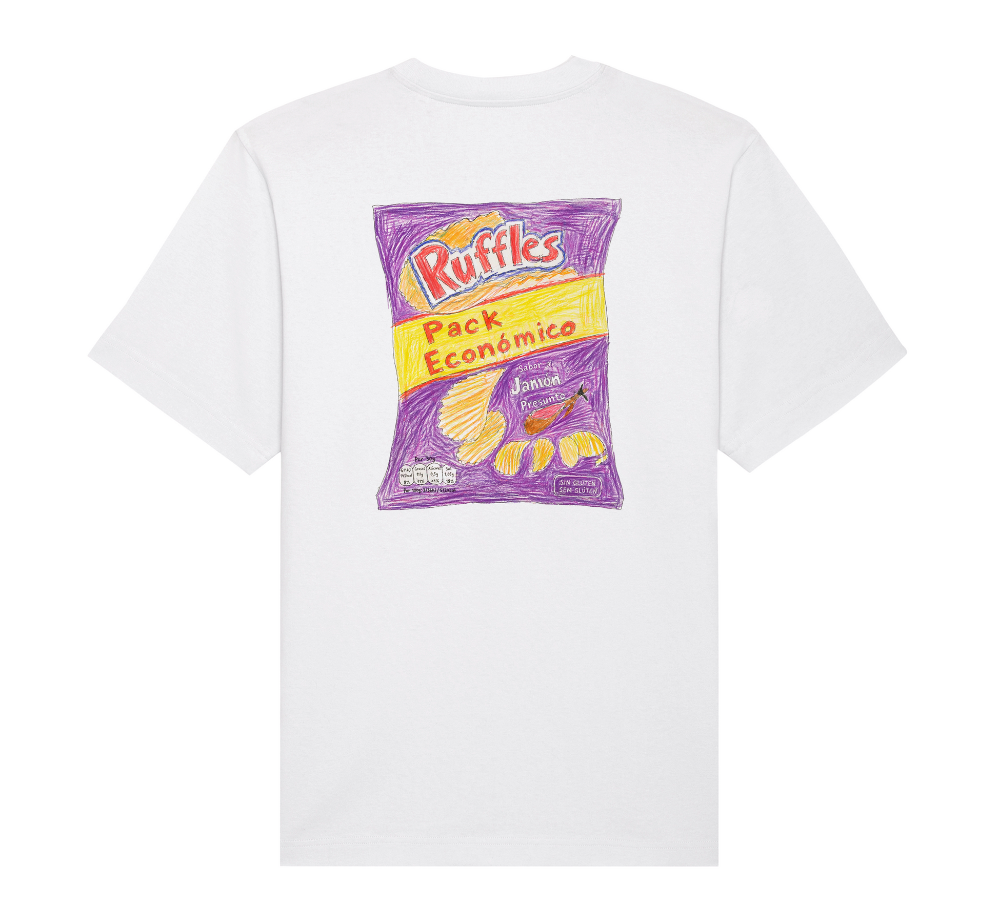 A white short-sleeve t-shirt with a graphic print of a purple Ruffles snack bag on the back, displayed against a solid white background.