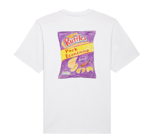 A white short-sleeve t-shirt with a graphic print of a purple Ruffles snack bag on the back, displayed against a solid white background.