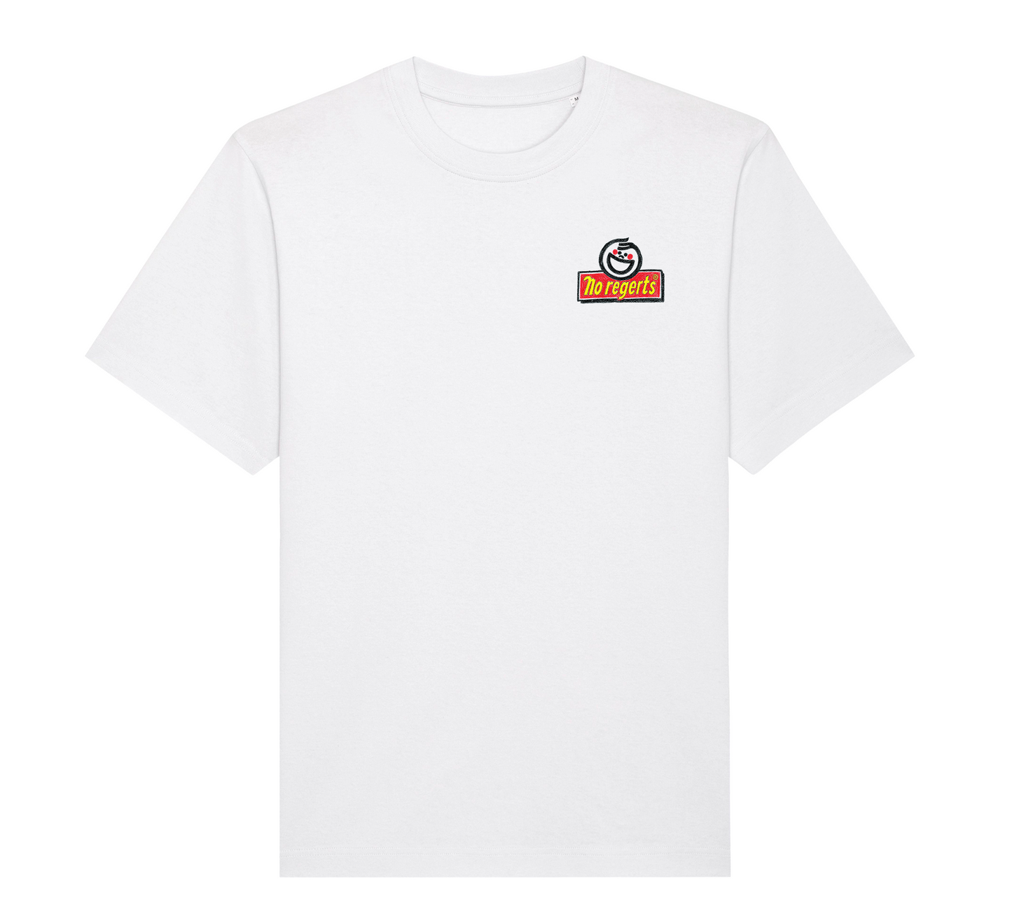 A white short-sleeve crewneck t-shirt featuring a small graphic logo on the left chest with the text in red and yellow.