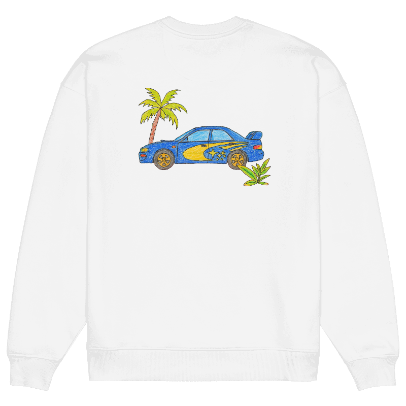 White sweatshirt with a blue and yellow rally car and palm tree design on a white background