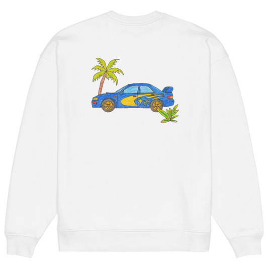White sweatshirt with a blue and yellow rally car and palm tree design on a white background