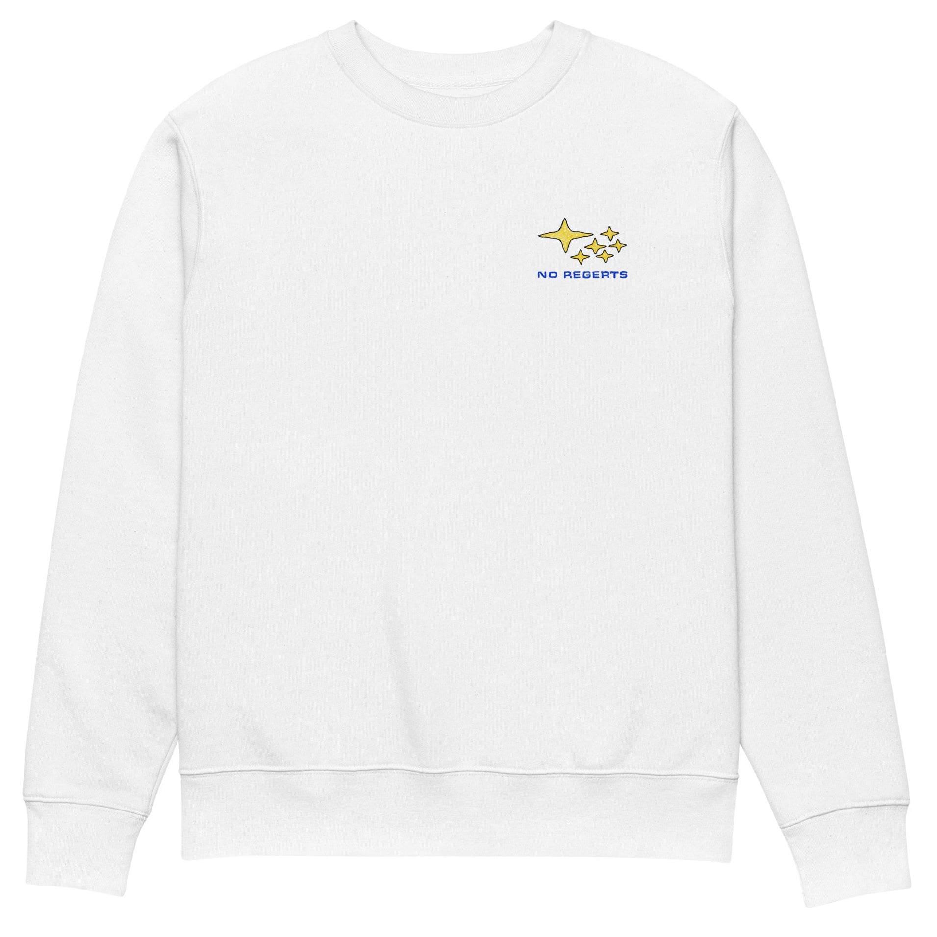 White sweatshirt with a blue and yellow logo on right chest on a white background