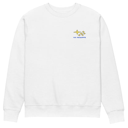 White sweatshirt with a blue and yellow logo on right chest on a white background