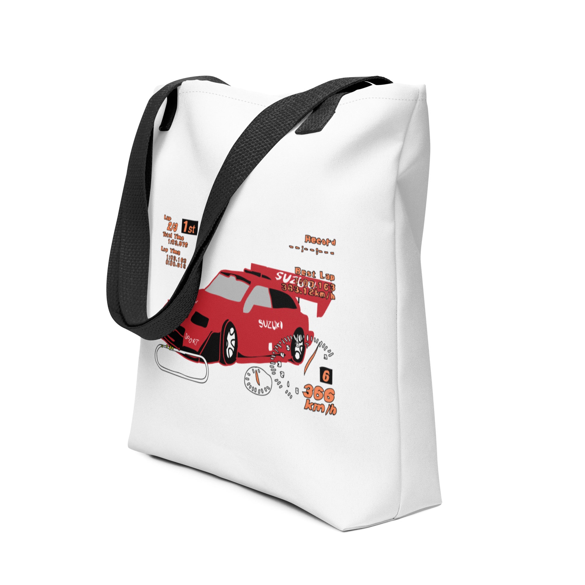 Spacious trendy tote bag with nostalgic Gran Turismo 2 screenshot featuring Suzuki Escudo Pikes Peak Version and racing stats - White with black handles