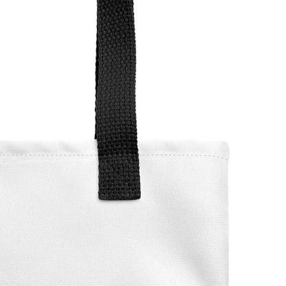 Spacious trendy tote bag with nostalgic Gran Turismo 2 screenshot featuring Suzuki Escudo Pikes Peak Version and racing stats - White with black handles