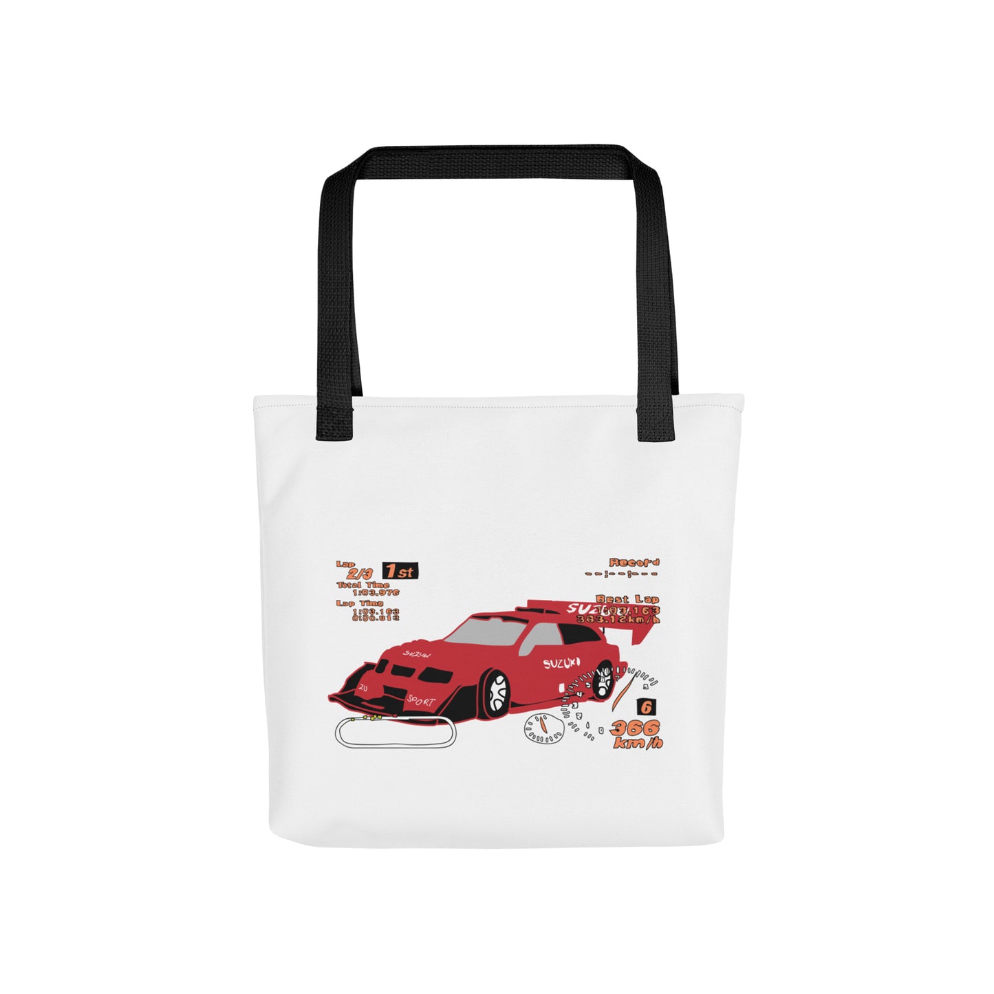 Spacious trendy tote bag with nostalgic Gran Turismo 2 screenshot featuring Suzuki Escudo Pikes Peak Version and racing stats - White with black handles