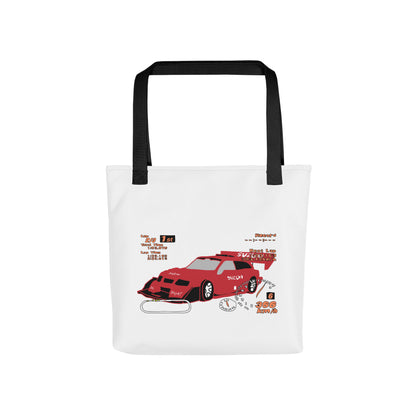 Spacious trendy tote bag with nostalgic Gran Turismo 2 screenshot featuring Suzuki Escudo Pikes Peak Version and racing stats - White with black handles