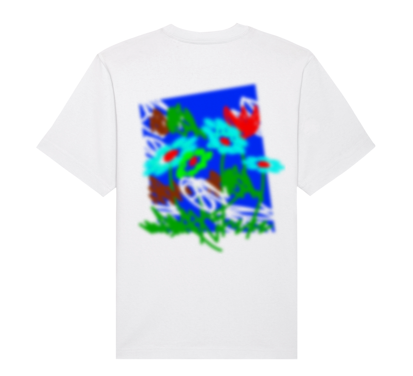 White crewneck t-shirt with a colorful abstract floral design on the back.