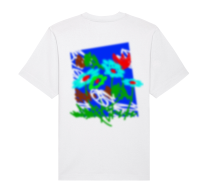 White crewneck t-shirt with a colorful abstract floral design on the back.