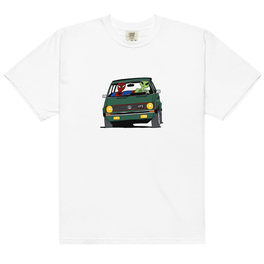 Front view of the Unisex Ring-Spun Cotton Crewneck Heavyweight T-Shirt in white, depicting Spiderman and a green alien on a road trip in a vintage green Volkswagen Golf